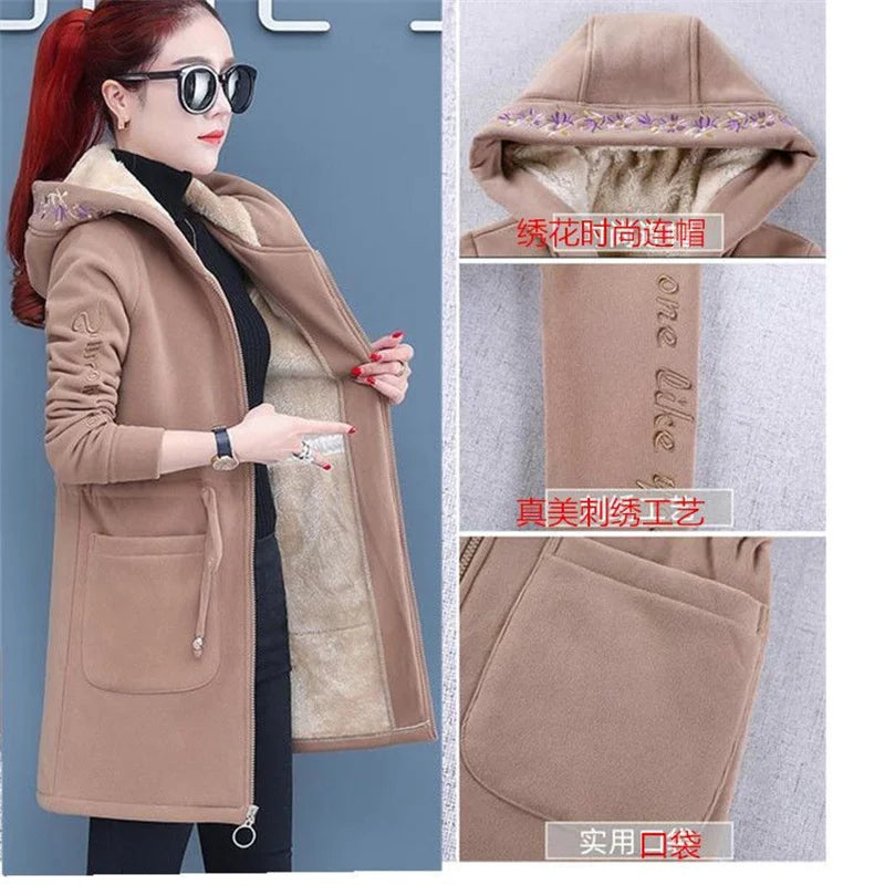 Plus Velvet Thick Lamb Plush Jacket Women 2025 New Autumn Winter Parkas Lace-Up Of Hooded Loose Long Embroid Trench Coat Female