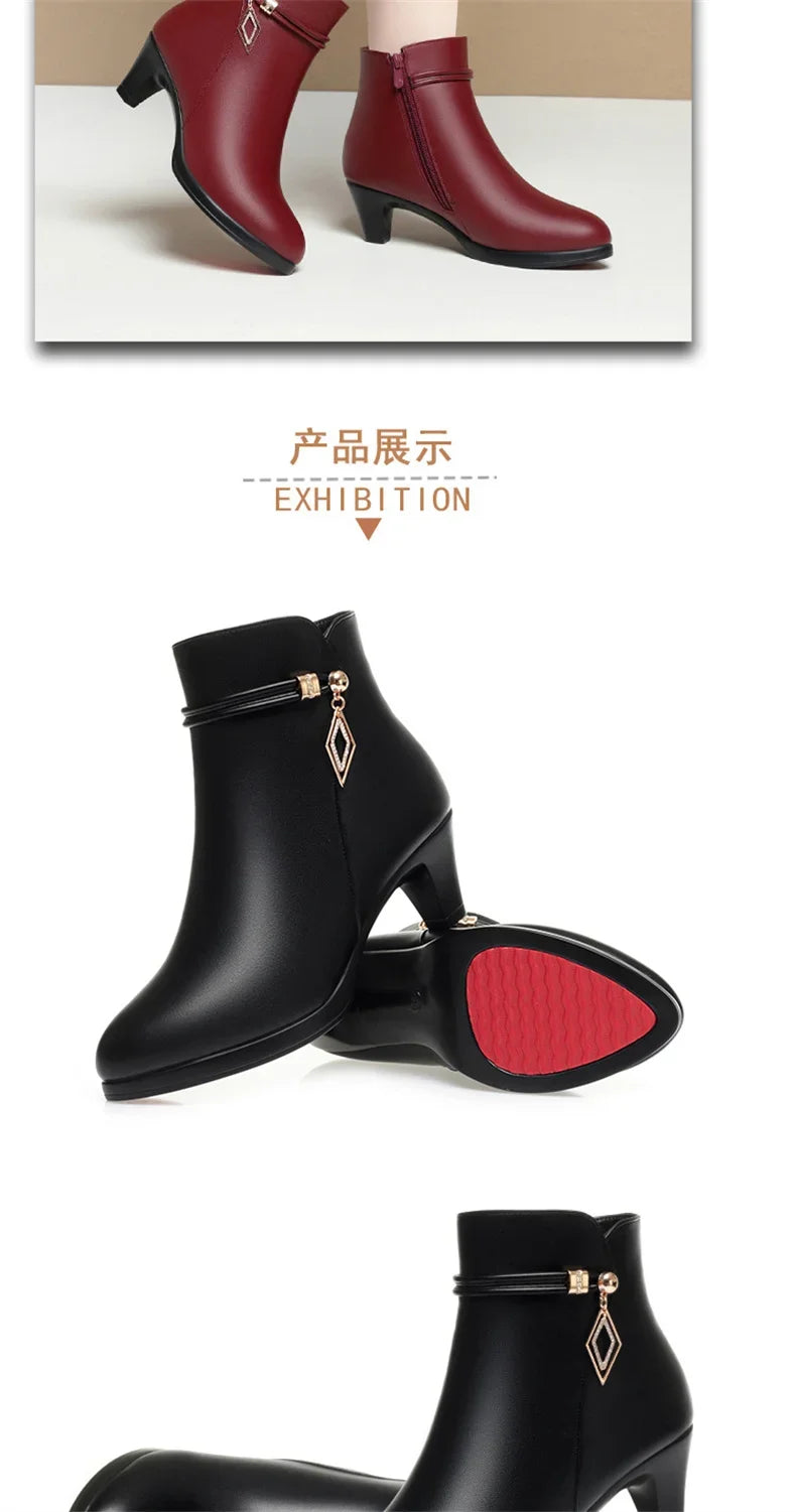 Comfort Fashion Soft Leather Winter Shoes Platform Boots 2024 Elegant Black Block High Heels Ankle Office Mom Boots