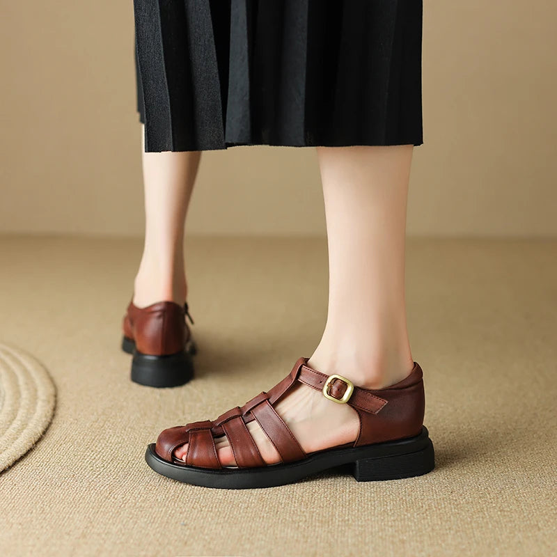 New Summer Sandals Genuine Leather Luxury Roman Sandals Casual Buckle Strap Summer Shoes GLADIATOR Thick Heel Women Shoes