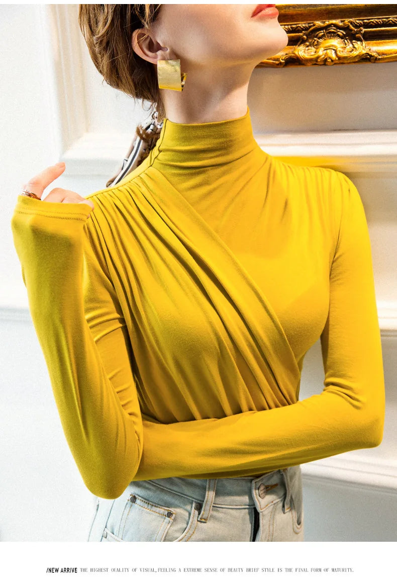 EVNISI Women Casual Thickening Warm Shirt Elegant Office Long Sleeved T-shirt Mock Neck Women Bottoming Tops 2024 Autumn Winter
