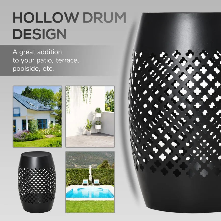 12.5 Steel Patio Side Table Round Hollow Drum Design Black for Indoor Outdoor