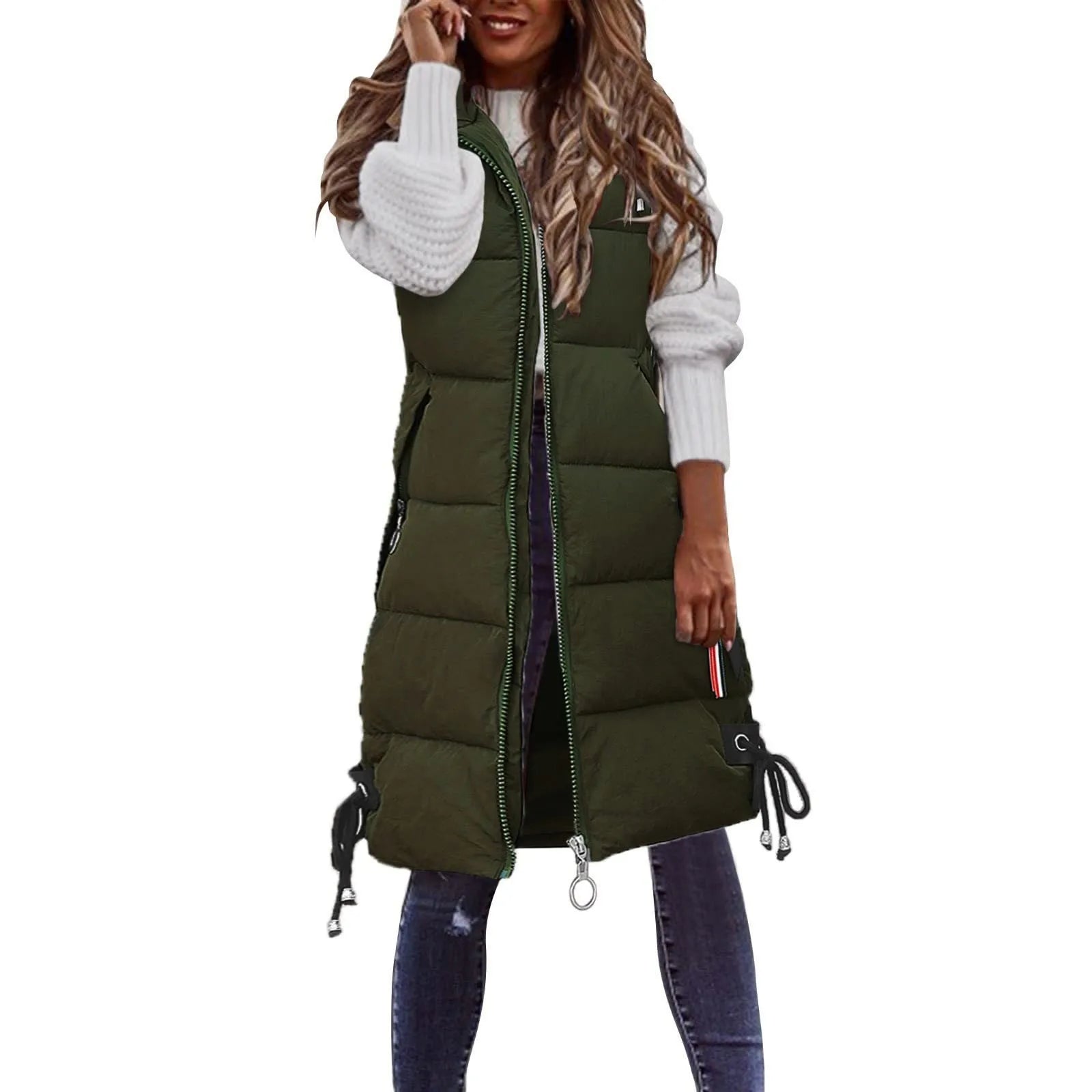 Women'S Autumn And Winter Temperament Sleeveless Cardigan Mid-Length Cotton Vest Vest Coat Abrigos Mujer Invierno Chamarras Muje