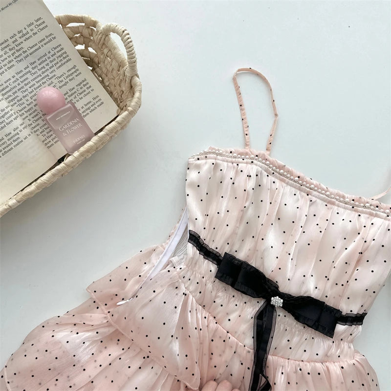 Japanese Elegant Sweet Original Design Evening Dress Women Dot Bow Strapless Pleated Party Dress Princess Casual Cute Clothing