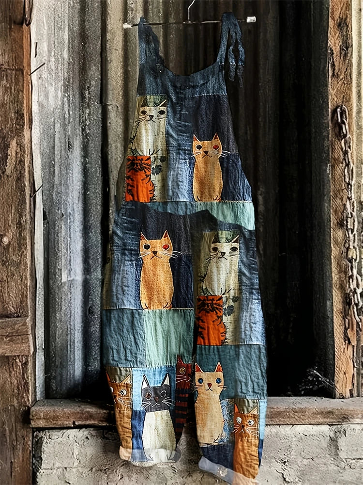 2025 New Spring And Summer Halter Jumpsuit Women's Fun Cat Print Pullover Halter Pants Casual Loose High Waist Jumpsuit