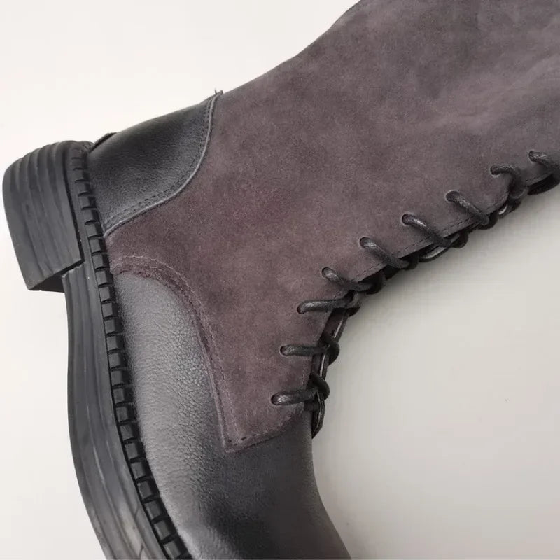 Autumn 2024 Shoes Long Noses Riding Boots Natural Leather Wide Toe Women's Boots Kne-High Cowhide Suede Single Lace-up booties