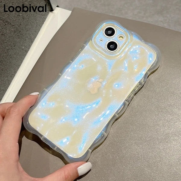 Transparent 3D Bubbles Shape Curly Shiny Phone Case For iPhone 17 Pro Air 15 16 Plus 14 13 12 Pro Max 11 Meteorite Wave Cover