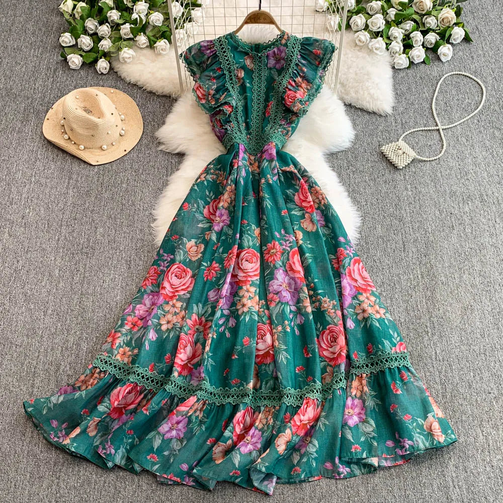 Ele Lace Splice Waist Cinching Long Dr Korean Sle Print Blouse Svel Midi Skirt High Waist A-Line Silhouette