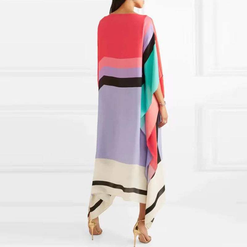 Candy Stripe Print Patchwork Kaftan Dresses Women’s Spring Round Neck Irregular Long Dress Summer Batwing Sleeve Boho Maxi Dress