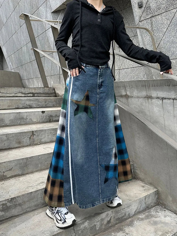 [EAM] High Elastic Waist Blue Back Plaid Denim Long A-line Half-body Skirt Women Fashion Tide New Spring Autumn 2025 1DH8117