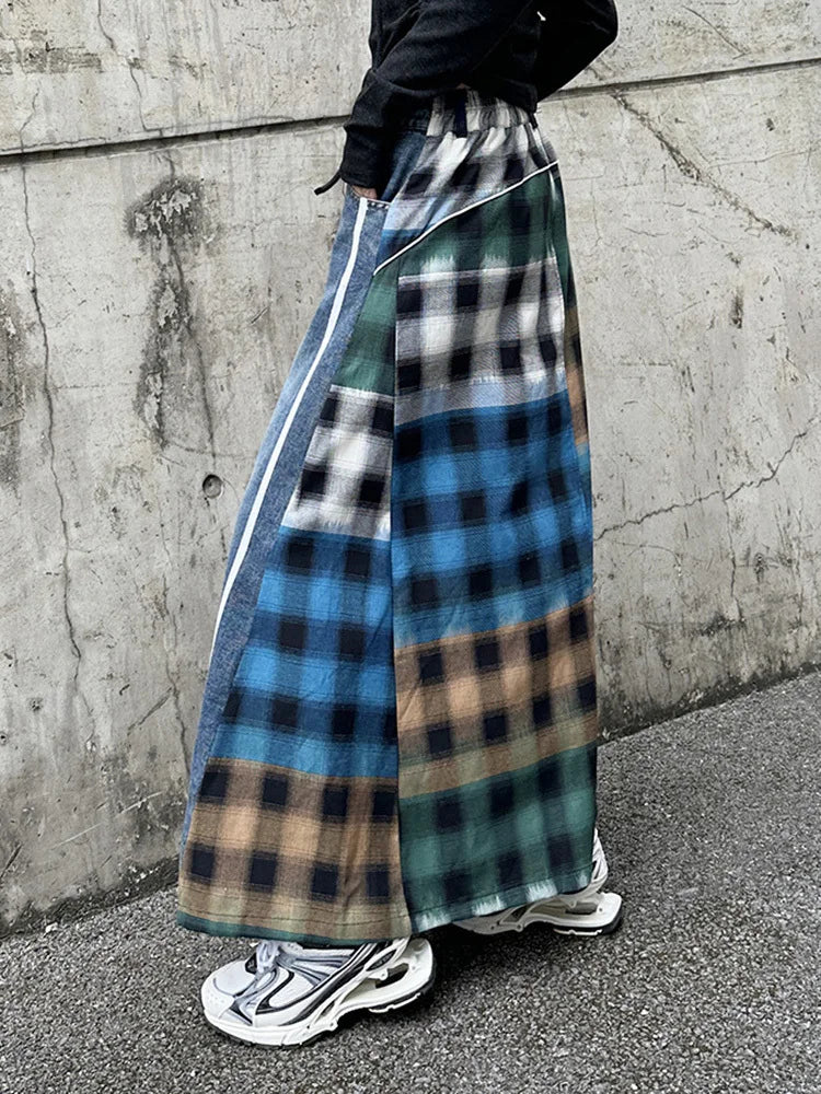 [EAM] High Elastic Waist Blue Back Plaid Denim Long A-line Half-body Skirt Women Fashion Tide New Spring Autumn 2025 1DH8117