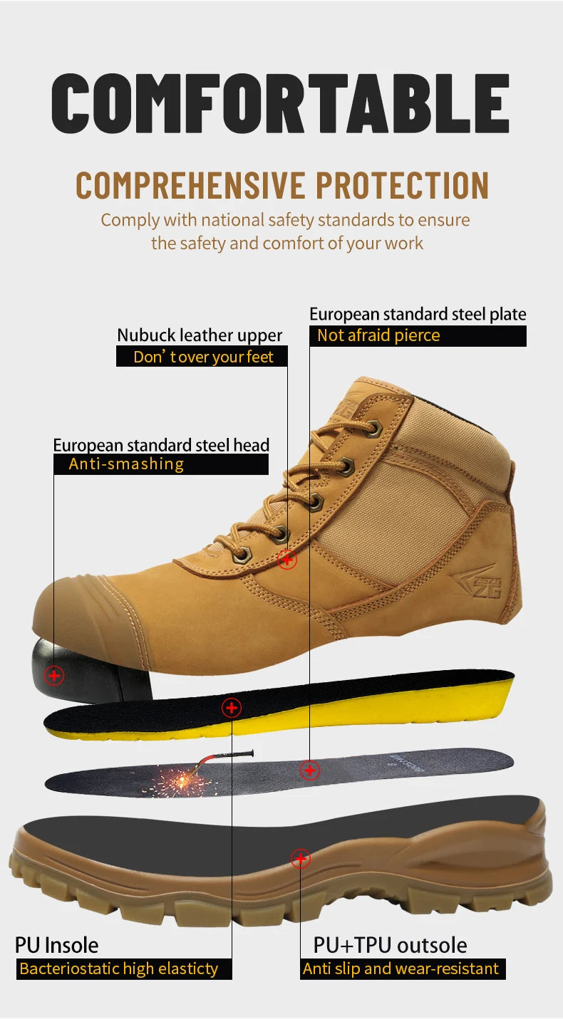 Genuine Leather Men's Boots Safety Shoes Indestructible Work Boots Steel Toe Shoes Puncture-Proof security Protective Shoes Male
