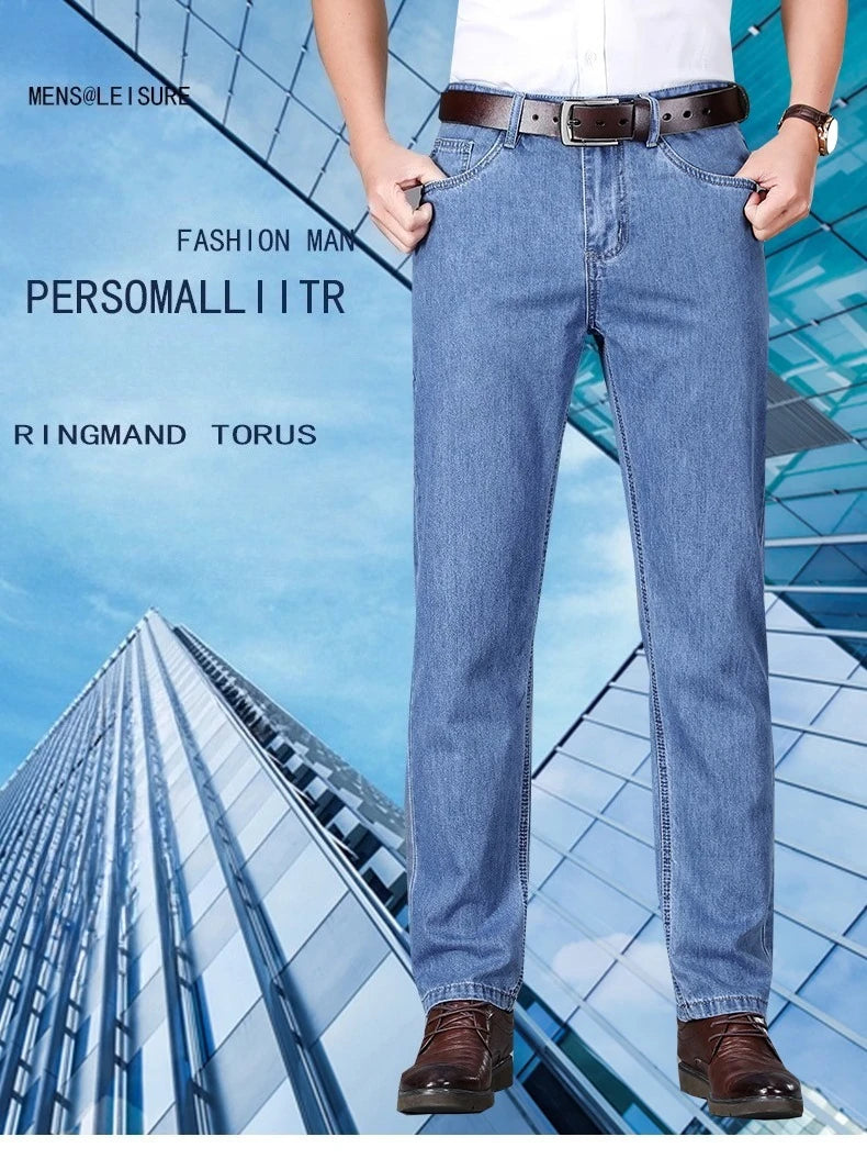 100% Cotton Men's Brand Thin Business Jeans Straight Slim Classic Male Trousers Fashion Casual Breathable Summer Denim Pants