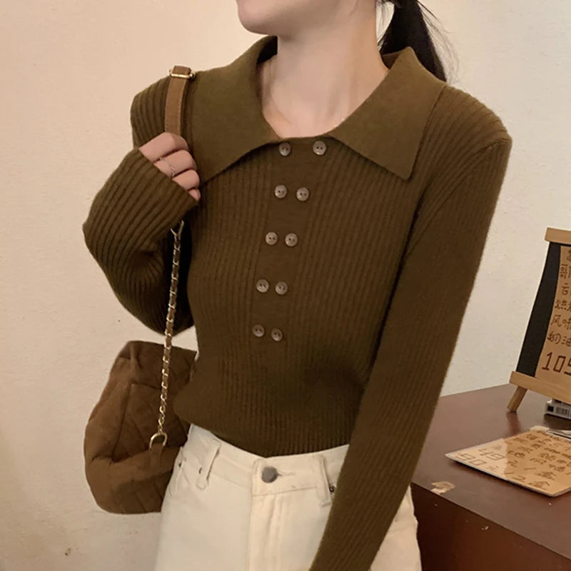 Turn-Down Collar Ribbed Pullover Sweater Women Autumn Winter Slim Long Sleeve Soft Warm Sweaters Ladies Knitted Tops