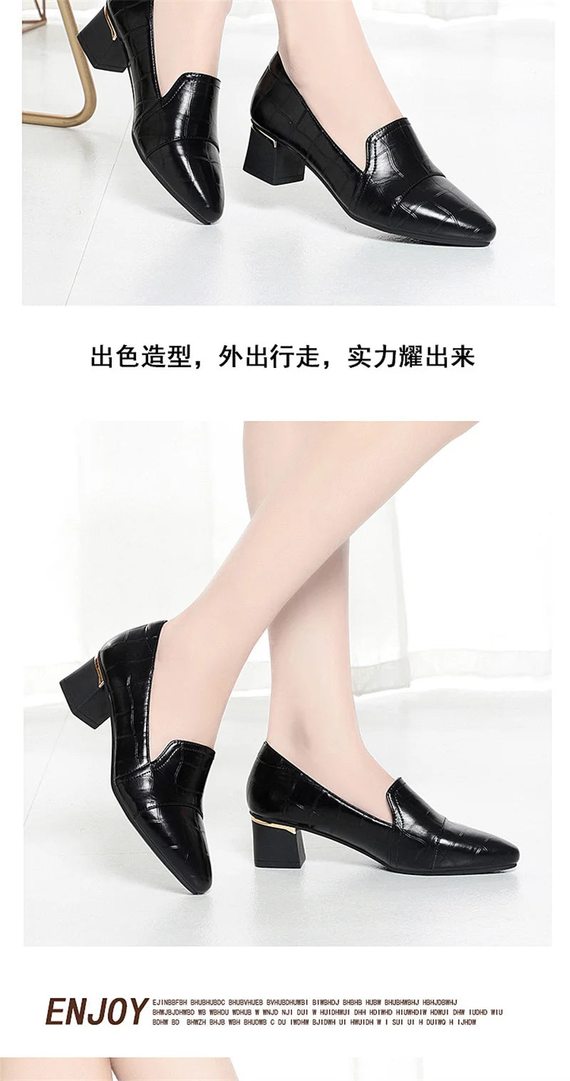 Mom Shoes Spring And Autumn Women's Leather Shoes Thick Heels Work Women's Shoes Comfortable Soft Sole Single Shoes Work Shoes