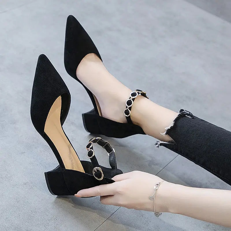 Small Size 31-34 Fashion Closed Toe Sandals Low Heeled Woman Ankle Strap Shoes Pointed Thick Heel Sandalias De Mujer Ladies Shoe