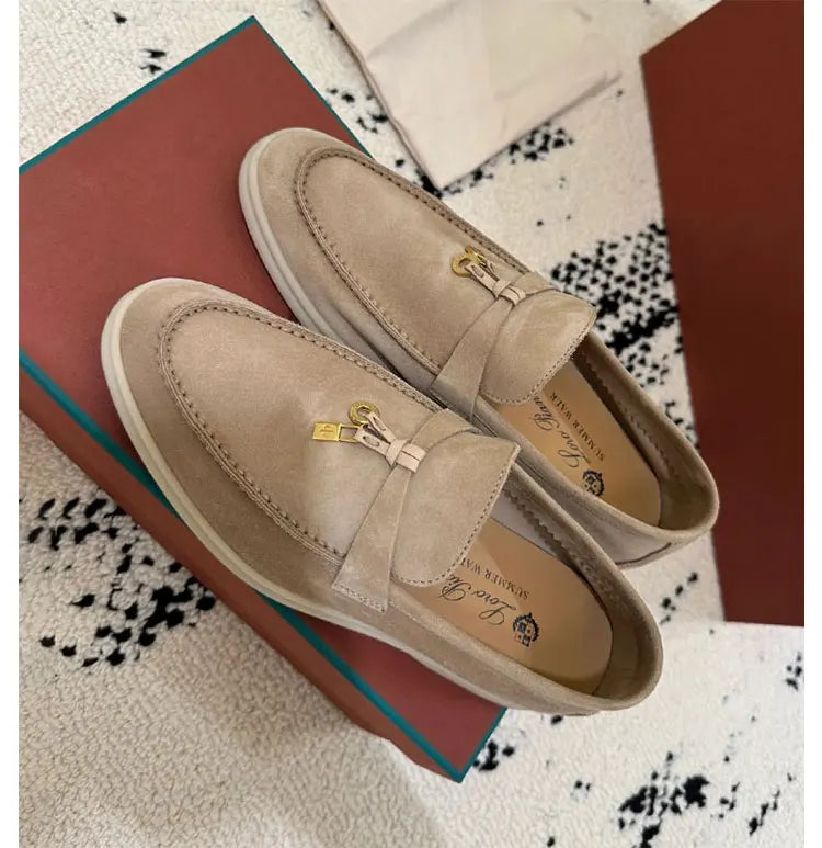 Summer Walk Genuine Leather Casual Slip-On Loers Women's Faion Single oes Comfortable round Toe Flat Heel All-Match Color