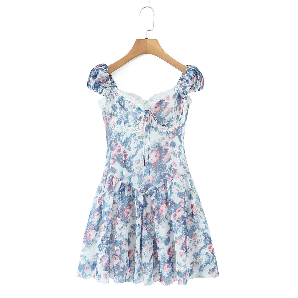 YENKYE Boho Blue Floral Print Mini Dress Women Puff Sleeve Lace Spliced A-line Beach Holiday Summer Dresses 2025 Short Robe