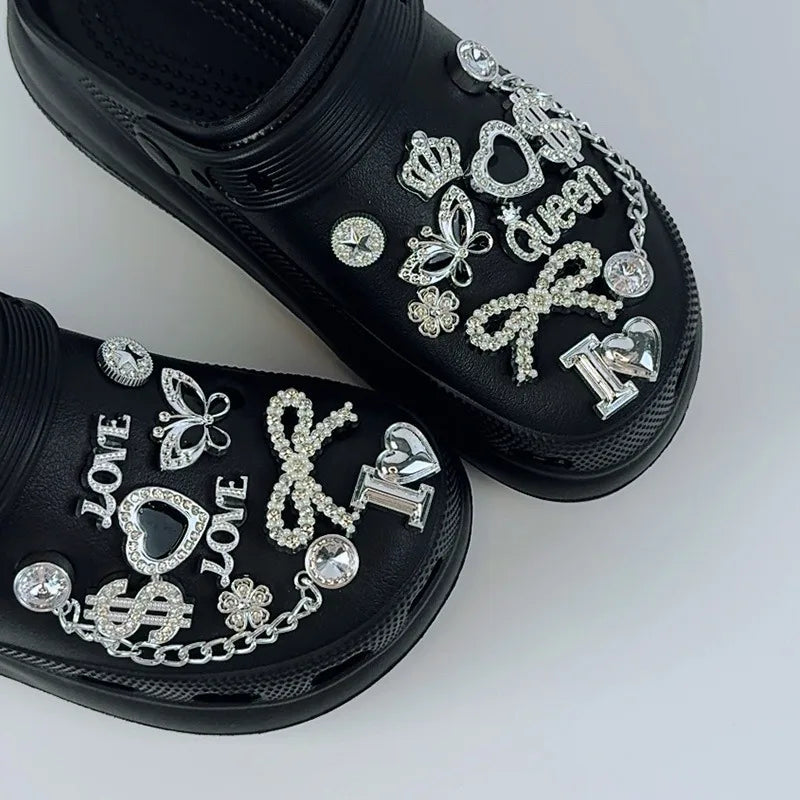 20PCS Fashion Shoe Charms Set Accessories Hole Shoe Buckle Silver Rhinestone Letter Bow Chain DIY Shoes Decorations for Bogg Bag