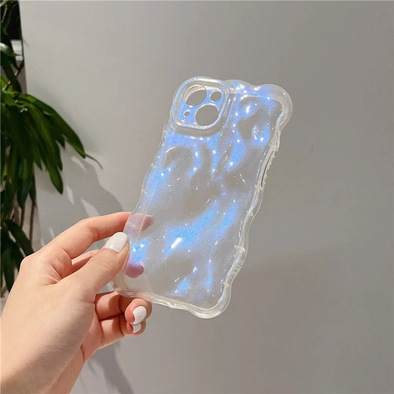 Transparent 3D Bubbles Shape Curly Shiny Phone Case For iPhone 17 Pro Air 15 16 Plus 14 13 12 Pro Max 11 Meteorite Wave Cover