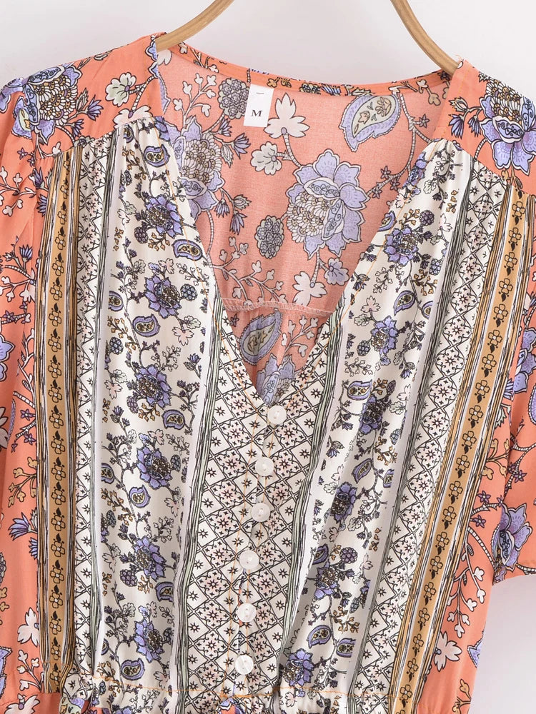 Boho Queens Women Wild Floral Print Deep V-neck Summer Bohemian Mini Dresses Robe Lady Short Sleeve Beach Boho Dress Vestidos