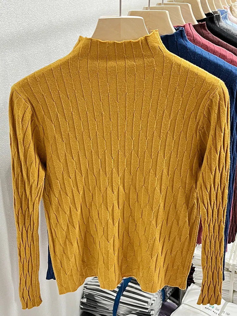 2025 Slim Fit Knitted Base Pullovers Autumn Winter Turtleneck Sweater Women's Solid Long Sleeve Casual Ruched Sweater