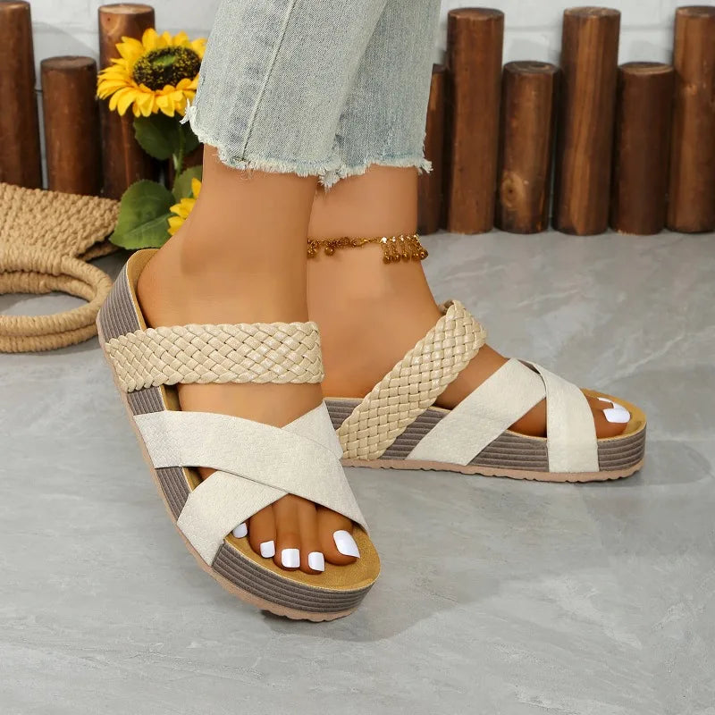 Fashion Thick Sole Cork Sandals Women Summer 2025 Thick Sole Women Slippers Casual Cross Comfort Outdoor Beach Women Sandals