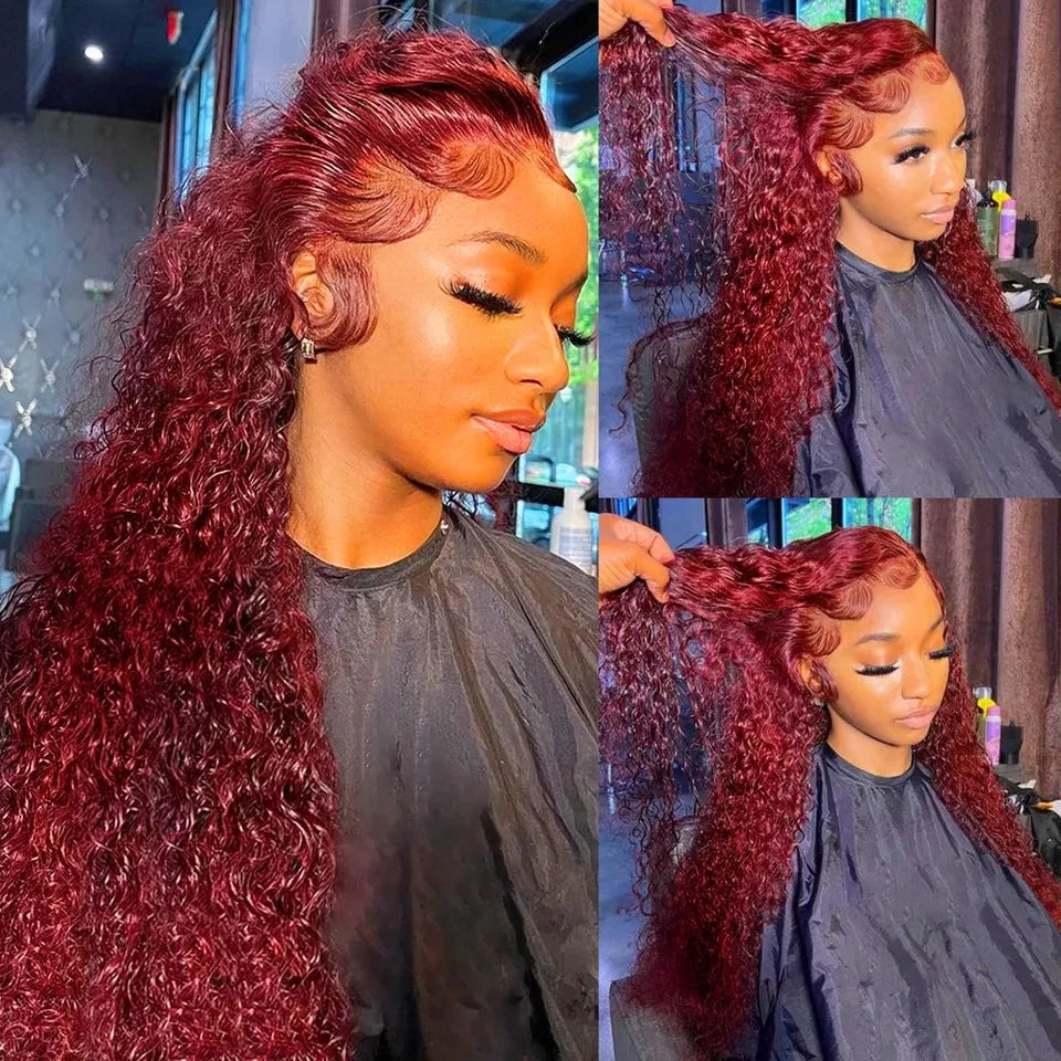 40Inch 99J Burgundy Water Curly 13x4 Glueless Lace Frontal Wig 250% Deep Wave HD Transparent Lace Front Wig Human Hair For Women