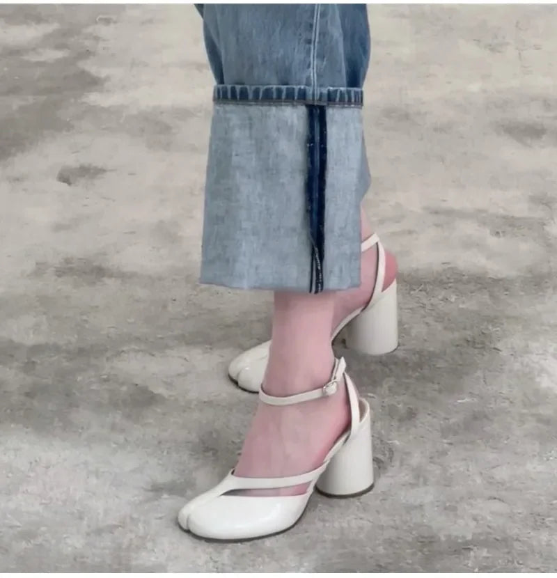 Ins style Fashion Patent Leather Split Toe Women Pumps Spring Summer Thick High heels Slingbacks Female Tabi Chunky Casual Shoes