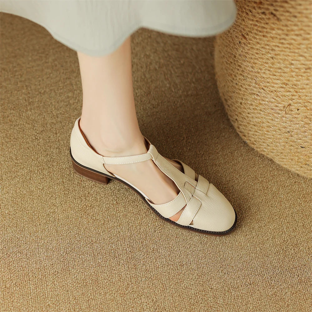 Women's genuine leather narrow band braided t-strap flats sandals round toe casual female summer roman style shoes for women hot