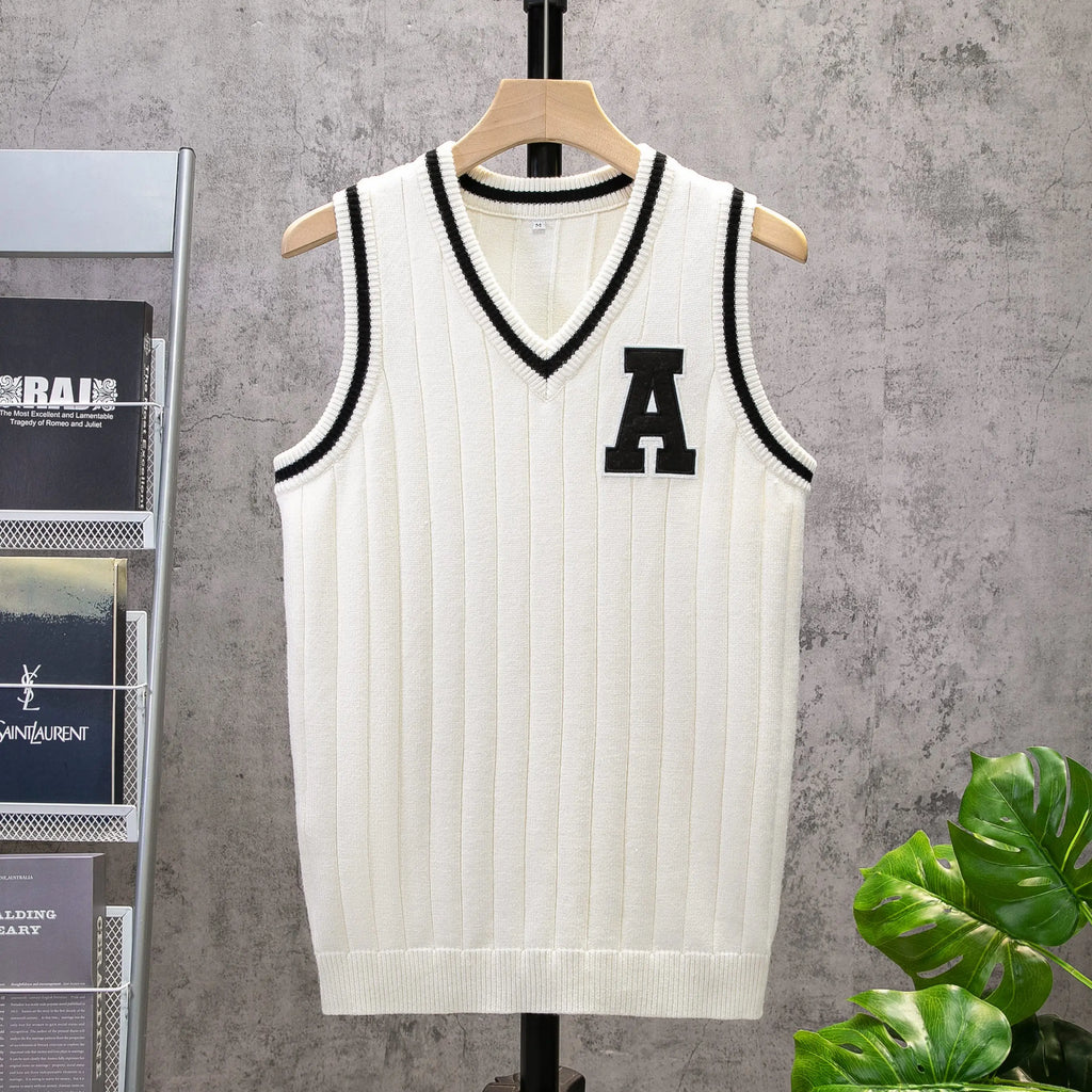 Men's Letter Patched V Neck Sweater Vest, Regular Fit Casual Striped Trim Sleeveless Knitwear, Men's Clothes for Daily Wear