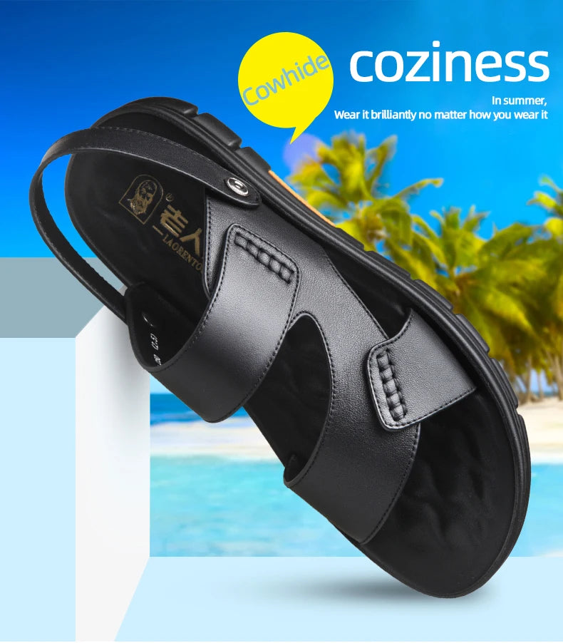 Laorentou Genuine Leather Summer Casual Beach Shoes, Cowhide Soft Soles, Anti Slip, Dual-Purpose Sandals for External Wear2050606