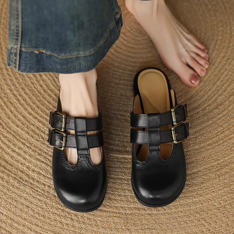 New Fashion Sandal Women Pumps Shoes Sexy Slingback Heels Retro Leather Party Casual Summer Round Toe Shoes Mueller Slippers