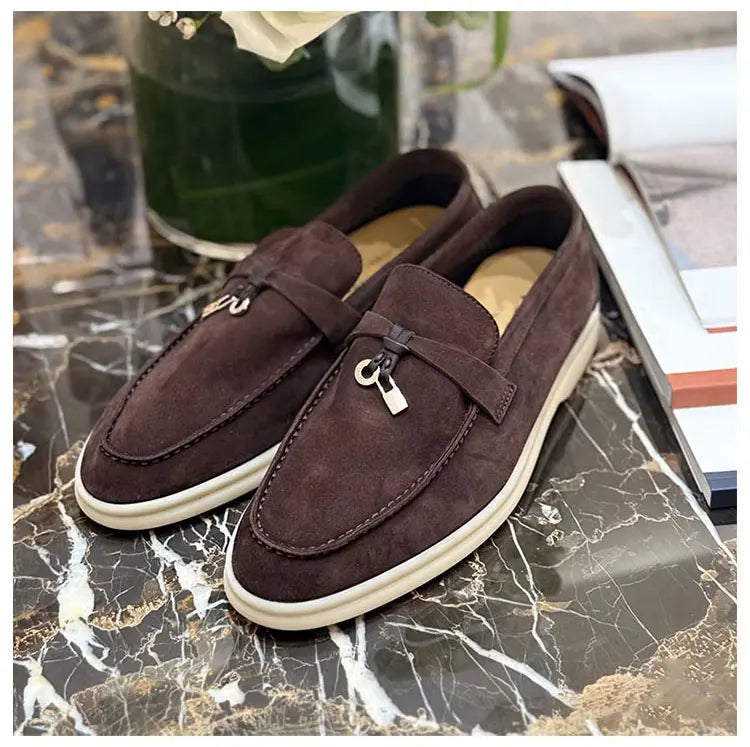 Summer Walk Genuine Leather Casual Slip-On Loers Women's Faion Single oes Comfortable round Toe Flat Heel All-Match Color