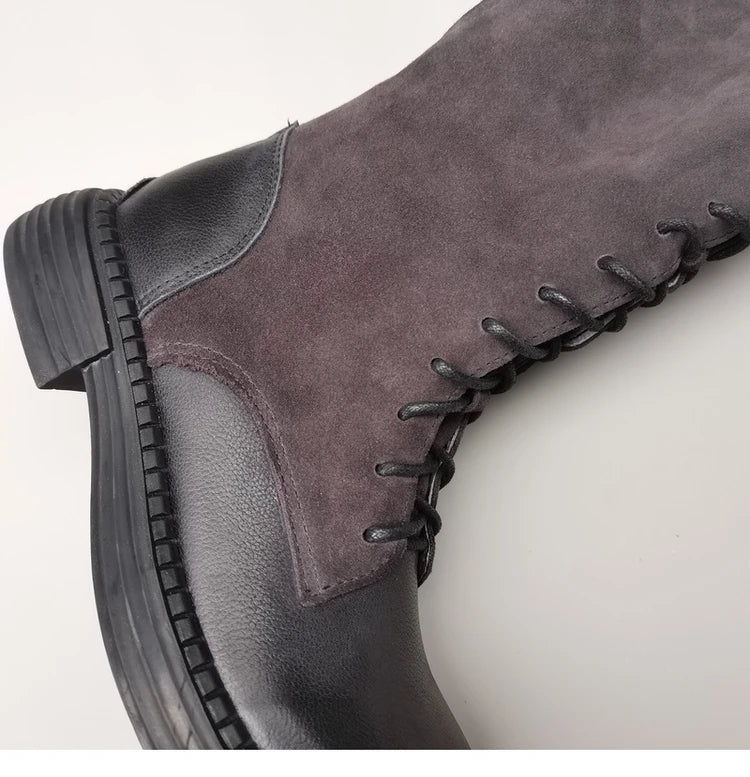 Autumn 2024 Shoes Long Noses Riding Boots Natural Leather Wide Toe Women's Boots Kne-High Cowhide Suede Single Lace-up booties