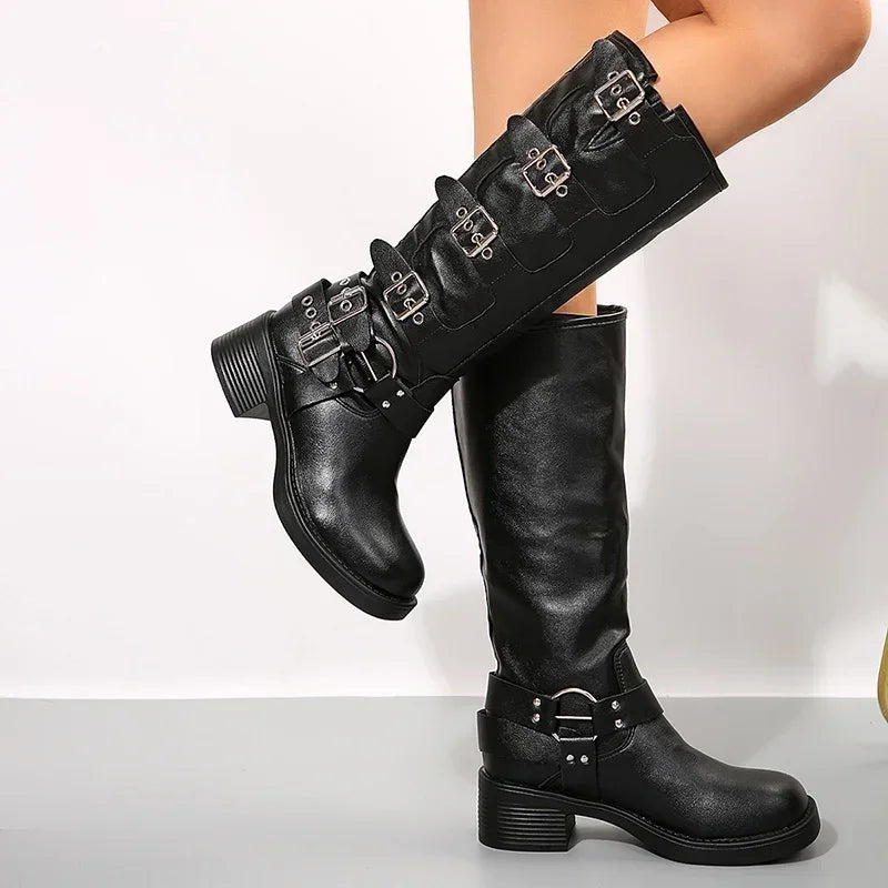 Platform Combat Boots Buckle Chuny Heel Buckle Vintage Fashion Casual Luxury Designer Western Mid Calf Boots Shoes Woman Botas