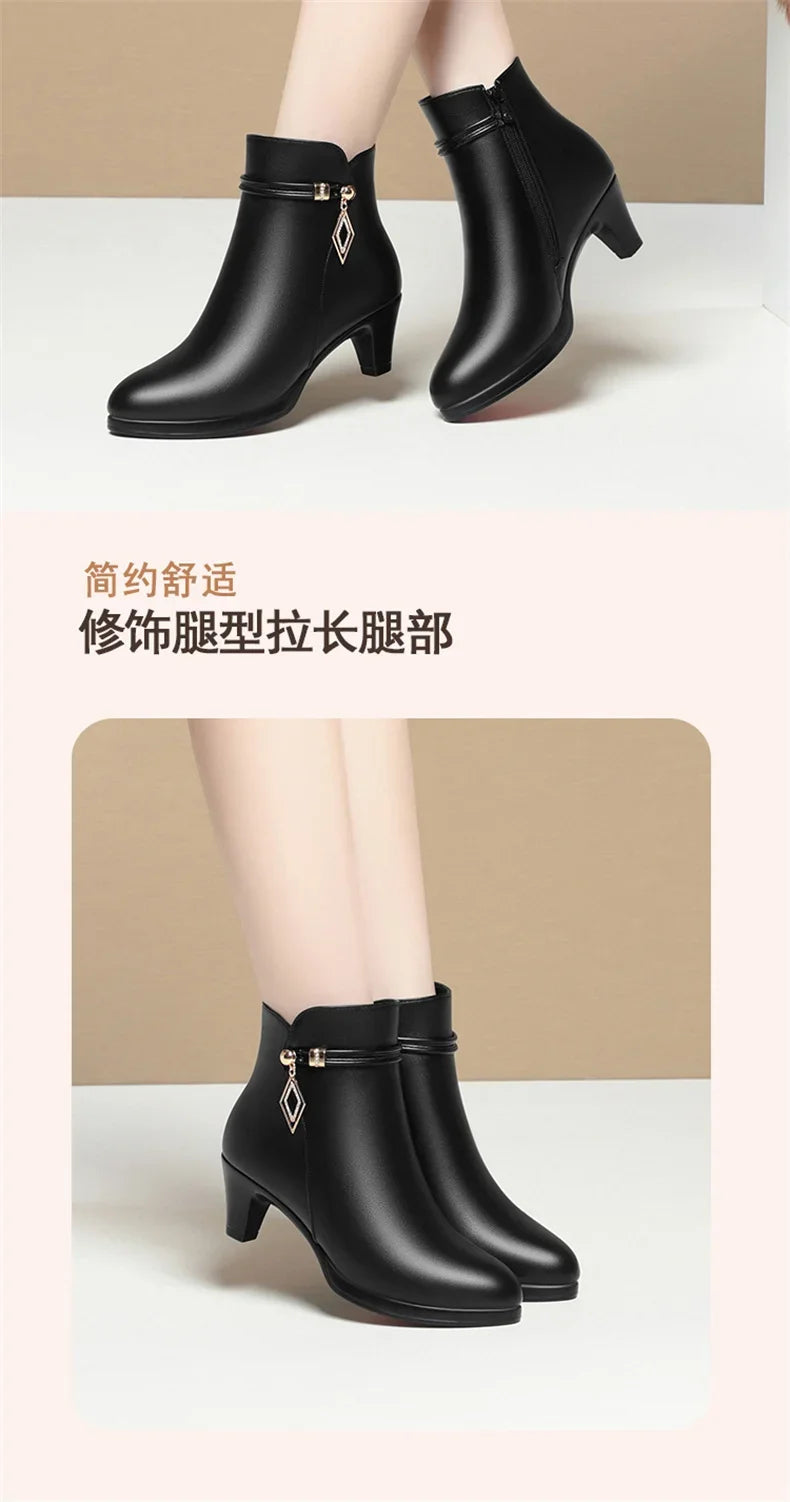 Comfort Fashion Soft Leather Winter Shoes Platform Boots 2024 Elegant Black Block High Heels Ankle Office Mom Boots