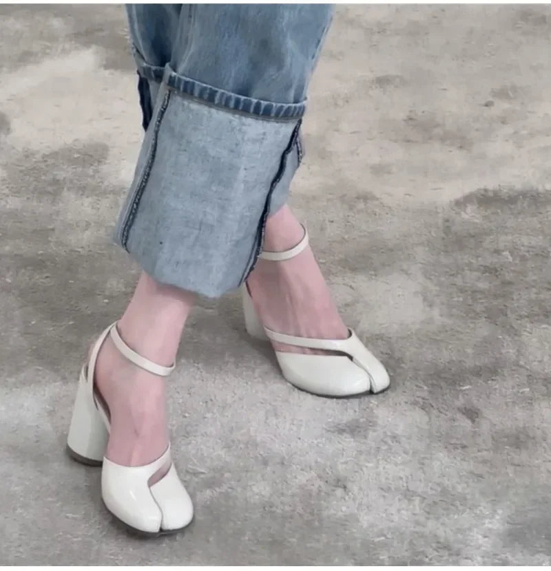 Ins style Fashion Patent Leather Split Toe Women Pumps Spring Summer Thick High heels Slingbacks Female Tabi Chunky Casual Shoes