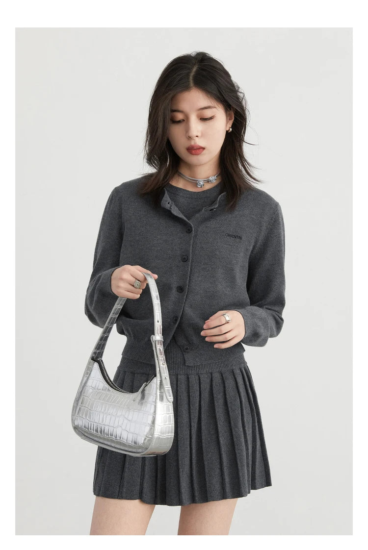 CHIC VEN Women Skirt Sets Solid Knitted Cardigan Short Sleeved Top Female Pleated Skirt Three Piece Optional Spring Autumn 2024