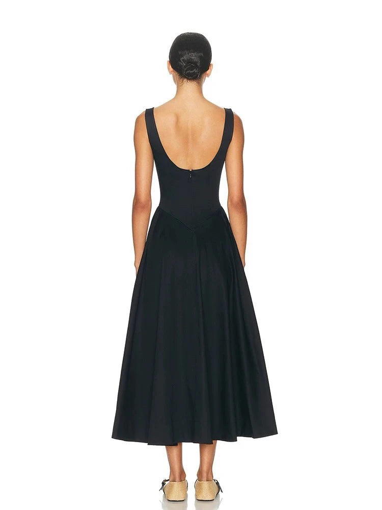 2025 New Hepburn Style Organic Cotton Temperament Backless Long Black Dress for Women