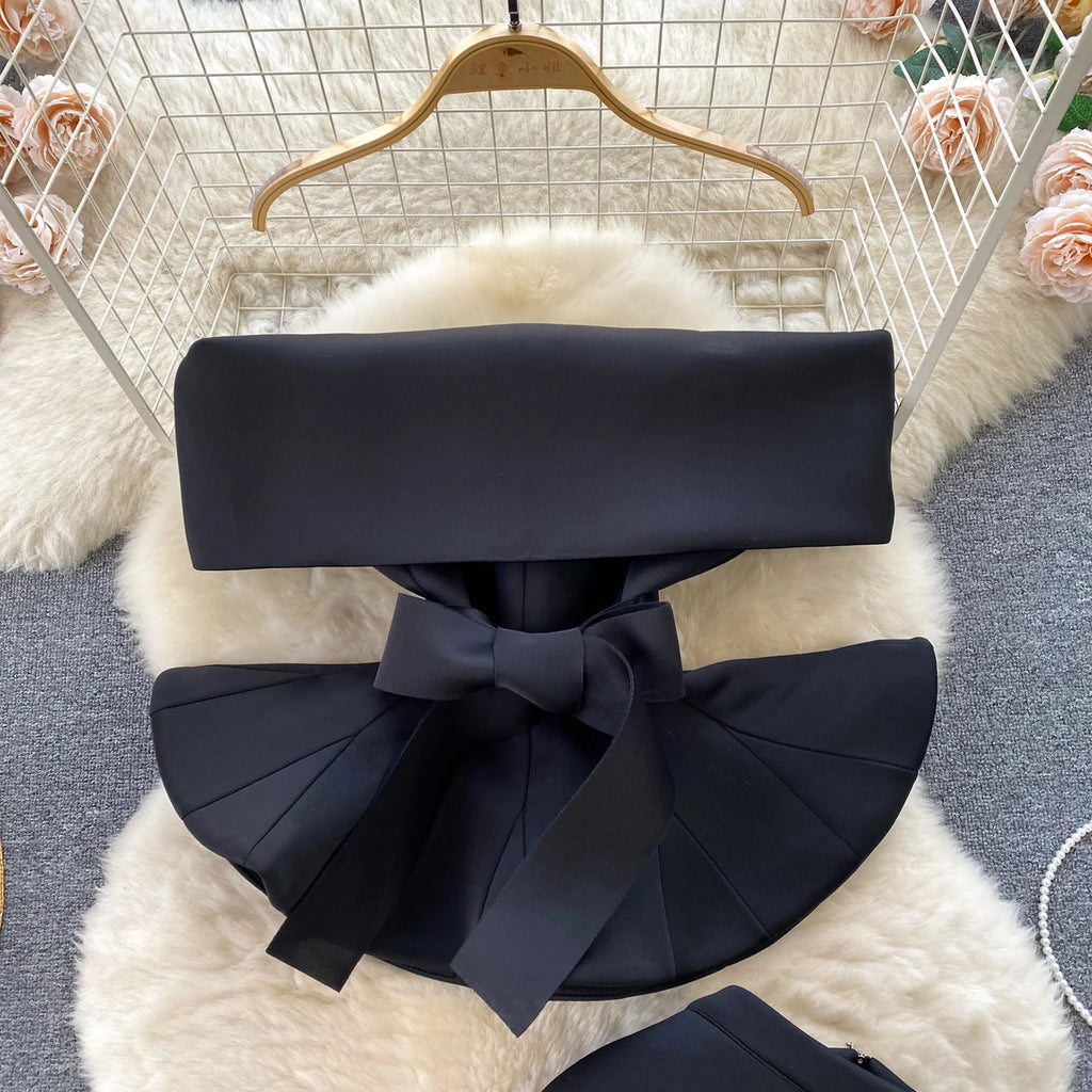 Sexy One-oulder Banded Waist Gown Set with Pleated Skirt Two-Piece Ensemble Courtly Sle Versatile Top f-length A-Line ...