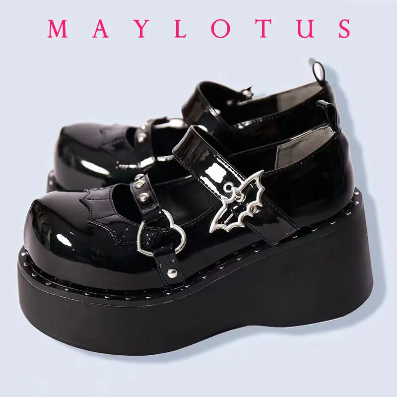 Punk Style Shoes Woman Platform Heel Metal Rivet Dark Bat Fashion Trendy Women Wedge Bottom Burgundy School Student Shoes