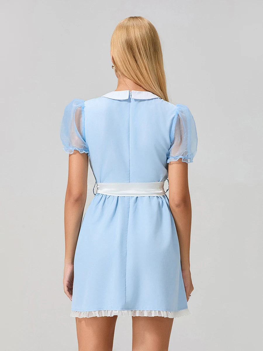 Women Summer Mini Sweet Dress Short Sheer Mesh Sleeve Doll Collar Dress with Belt