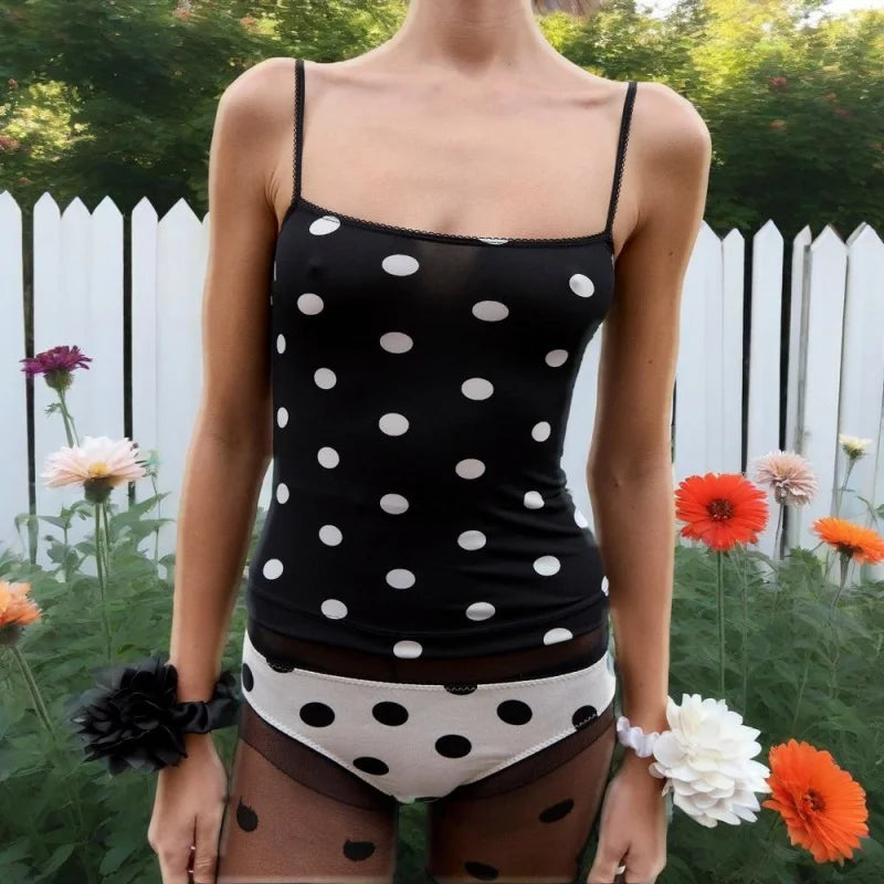 Xingqing y2k Crop Top Women Summer Polka Dot Print Lace Trim Square Collar Spaghetti Strap Sleeveless Camisole Vest Streetwear
