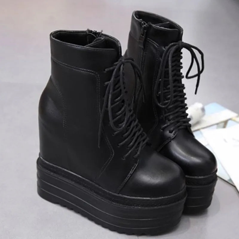 14CM Punk Style Wedges Ankle Boots Black Rubber Sole Shoes Platform Boots Women Lacing Autumn Sexy Lady Platform Heels Shoes