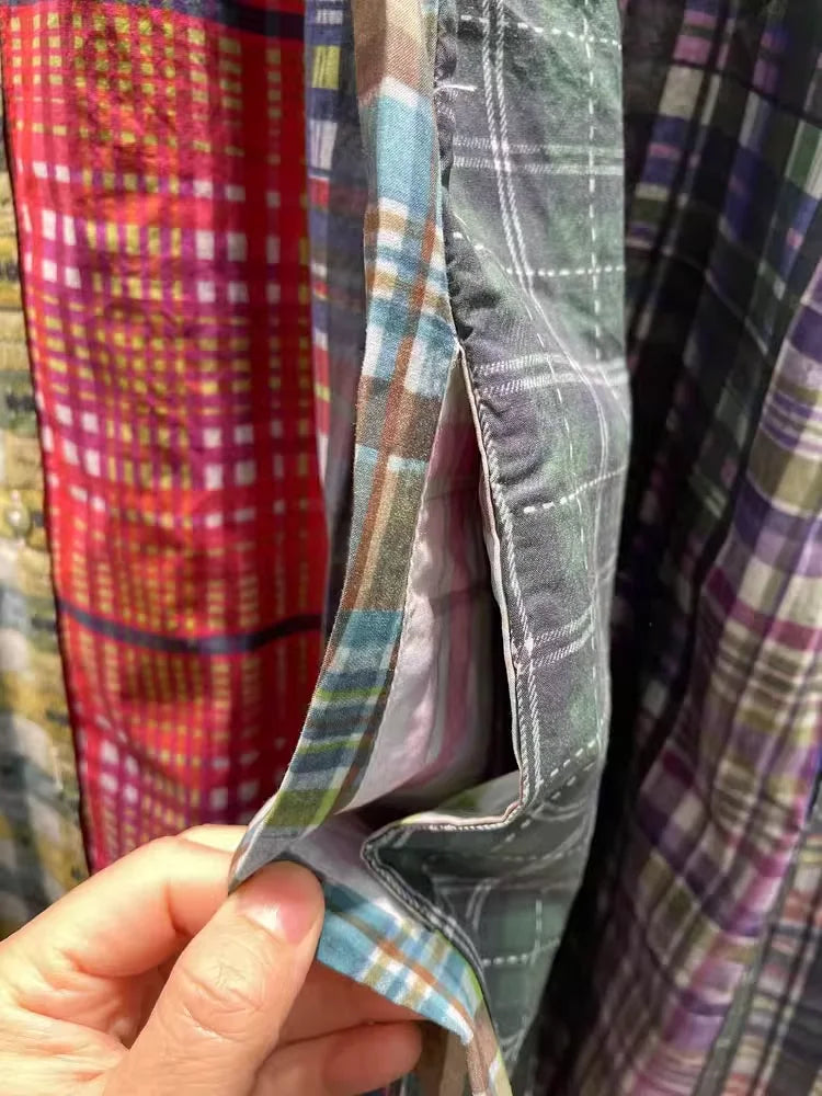 Women's plaid shirts casual 100% cotton long shirt dress for women Japan fashion short sleeve mid-length plaid patchwork shirt