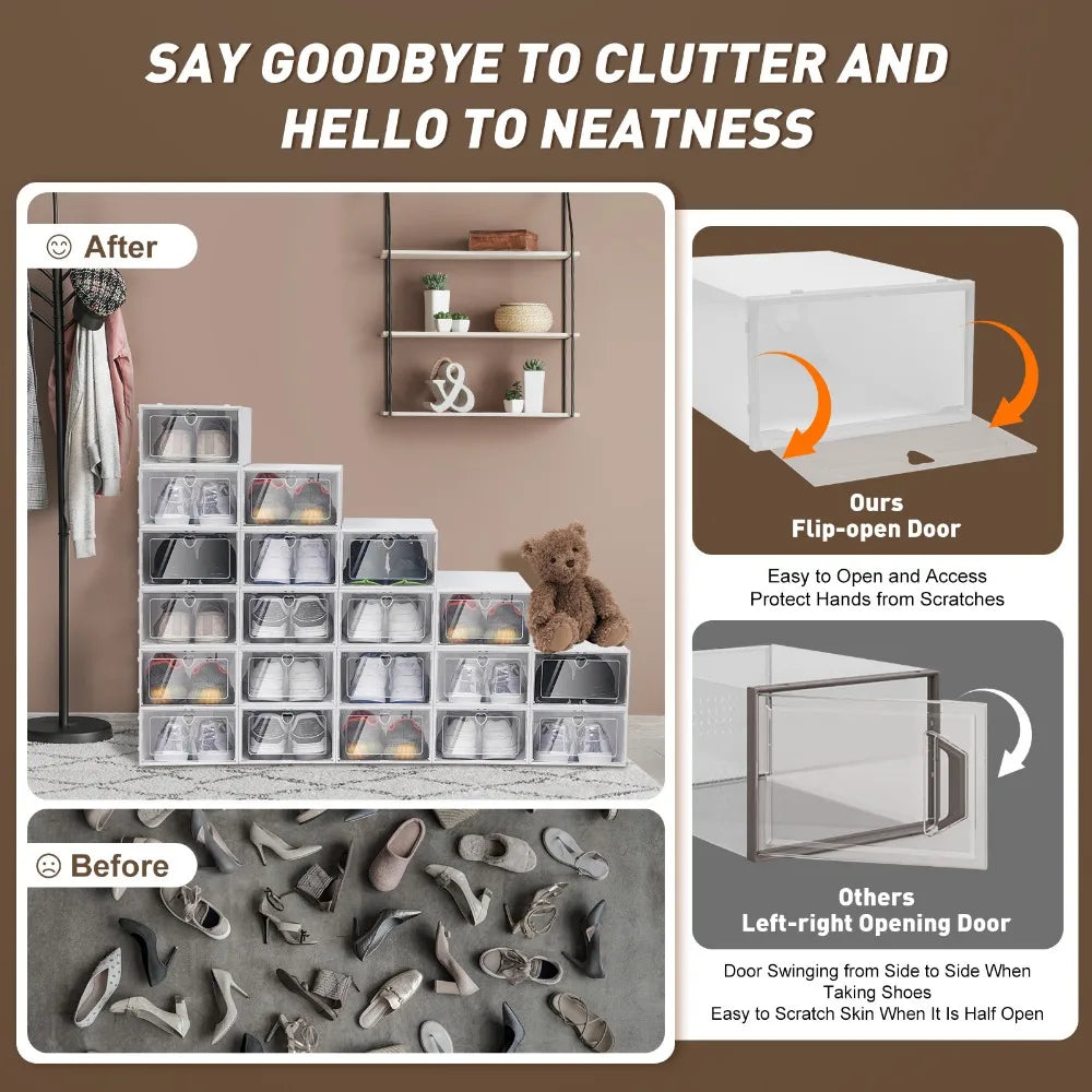 20 Pack Shoe Box Stackable Shoe Organiser Shoe Storage Container Space Saving Shoe Box with Lid for Shoes up to Size 45