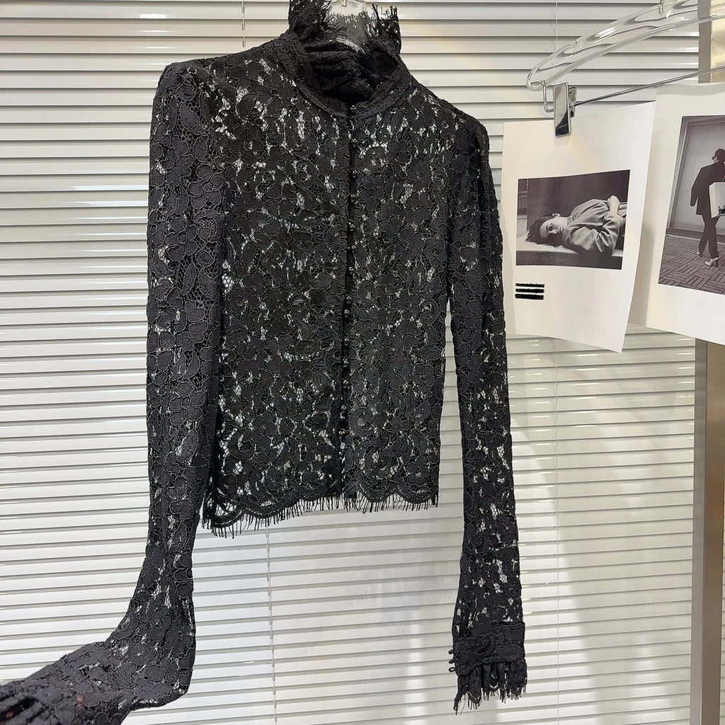 KTCZ Solid Spliced Lace Hollow Out Blouse For Women Long Sleeve Single Breasted Patchwork Print Minimalist Chic Blouse Female