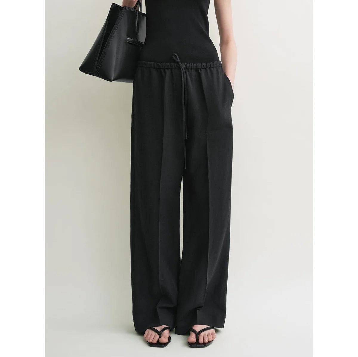 Women 2025 Summer Simple New Style Linen Blend Drawstring High Waist Wide-leg Trousers