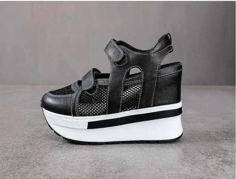 10cm Air Mesh Genuine Leather Platform 2025 Wedge Flats Sneakers Hook Summer Women Comfy Fashion Chunky Sneaker Sandals Shoes