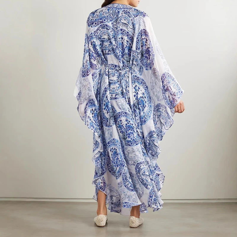 Vintage Printed Batwing Sleeve Robe Dress Woman Elegant V Neck Long Irregular Dress 2025 Spring Tie-up Loose Bohemian Maxi Dress